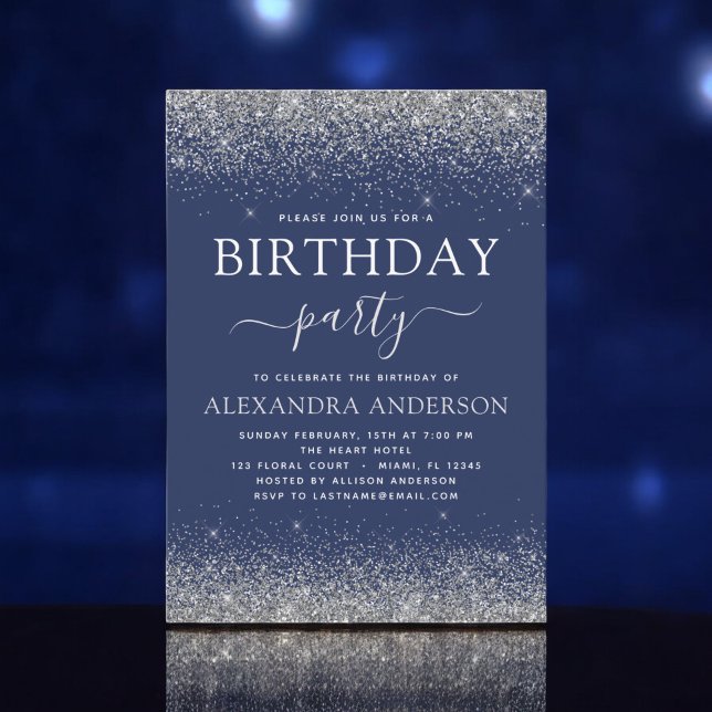Silver Navy Blue Any Age Birthday Modern Glitter Invitation (Creator Uploaded)