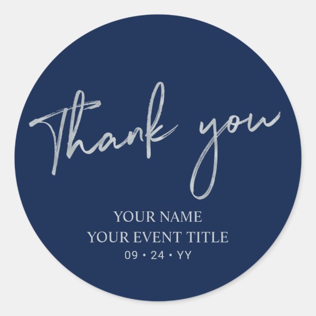 Silver & Navy Blue Birthday Party Thank you Favour Classic Round Sticker (Front)