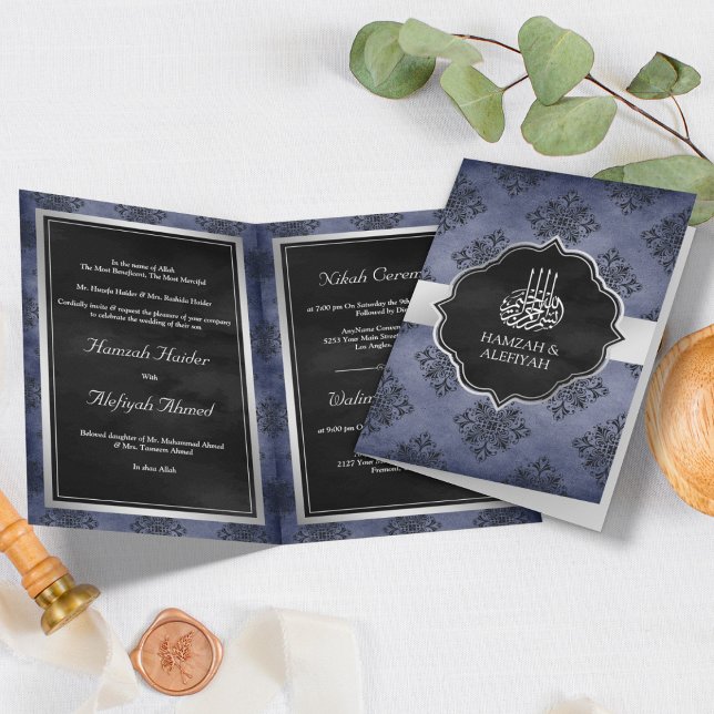 Silver Navy Blue Black Damask Muslim Wedding Invitation (Creator Uploaded)
