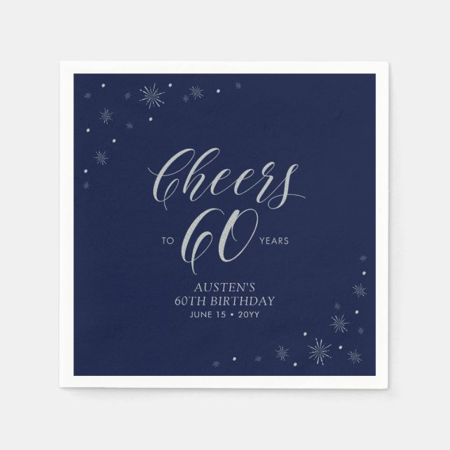 Silver & Navy Blue Cheers 60th Birthday Party Napkin (Front)