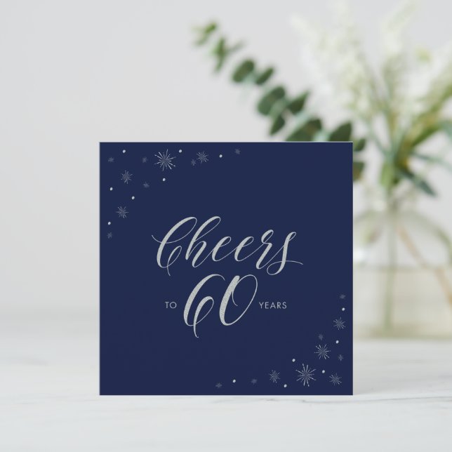Silver Navy Blue Cheers 60th Birthday Party Square Invitation (Standing Front)