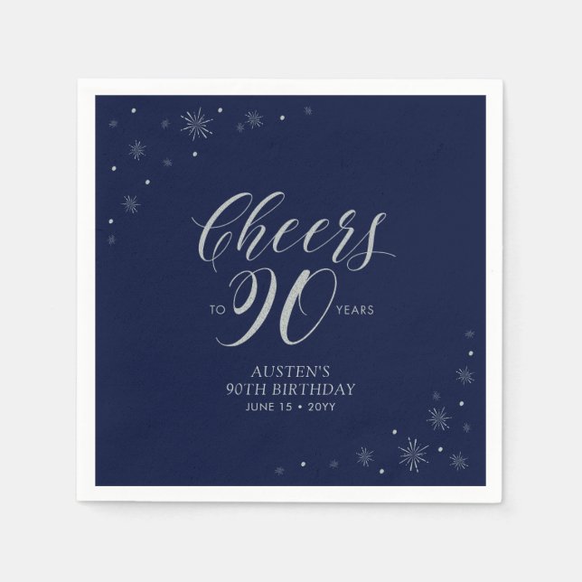 Silver & Navy Blue Cheers 90th Birthday Party Napkin (Front)