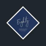 Silver Navy Blue Cheers Eighty 80th Birthday Party Napkin<br><div class="desc">This custom paper napkin will add stylish detail to your 80th birthday celebration. This design features chic silver lettering "Eighty" with navy blue background. Matching invitations and party supplies are available in my shop BaraBomDesign.</div>