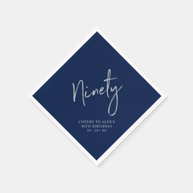 Silver Navy Blue Cheers Ninety 90th Birthday Party Napkin (Corner)