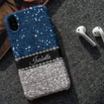 Silver Navy Blue Faux Glitter Bling Personalized Case-Mate iPhone 14 Pro Max Case<br><div class="desc">Any glitter or diamonds in design are photos and simulated. This design may be personalized in the area provided by changing the photo and/or text. Or it can be customized by clicking Personalize this Template and then choosing the click to customize further option and delete or change the color of...</div>