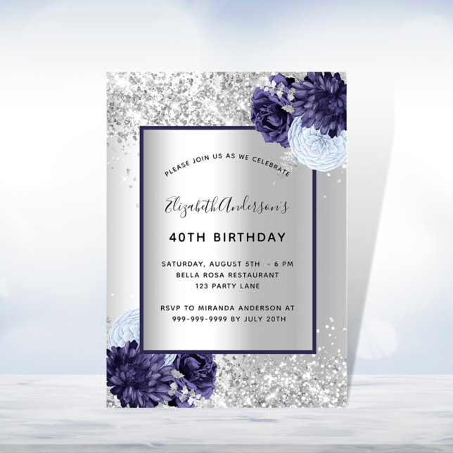 Silver navy blue floral elegant birthday invitation (Creator Uploaded)