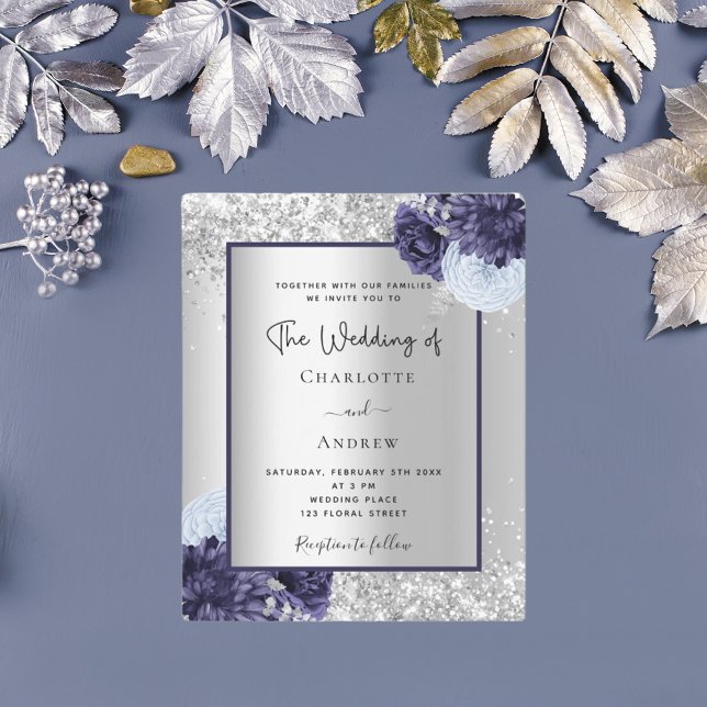 Silver navy blue floral wedding invitation (Creator Uploaded)