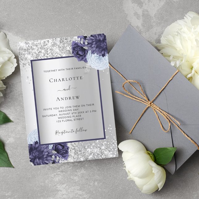 Silver navy blue floral wedding invitation (Creator Uploaded)