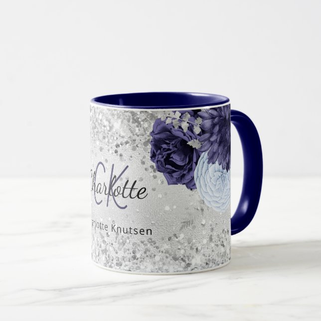 Silver navy blue florals elegant monogram name mug (Front Right)