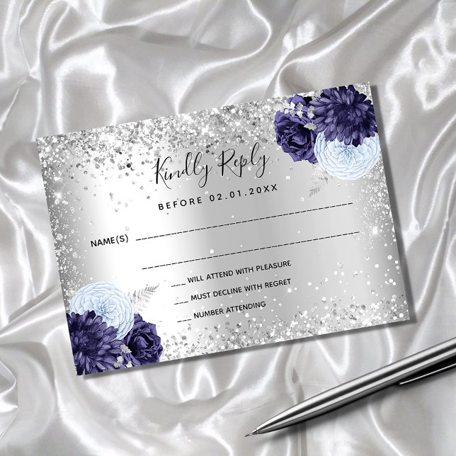 Silver navy blue florals glitter wedding RSVP Card (Creator Uploaded)
