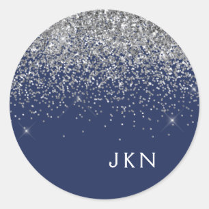 Silver Navy Blue Girly Glitter Sparkle Monogram Classic Round Sticker