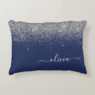 Silver Navy Blue Girly Glitter Sparkle Monogram Decorative Cushion