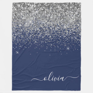 Silver Navy Blue Girly Glitter Sparkle Monogram Fleece Blanket