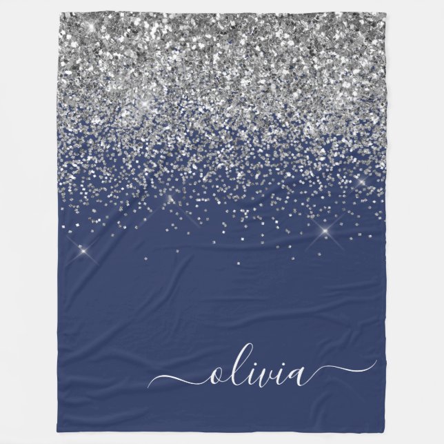 Silver Navy Blue Girly Glitter Sparkle Monogram Fleece Blanket (Front)