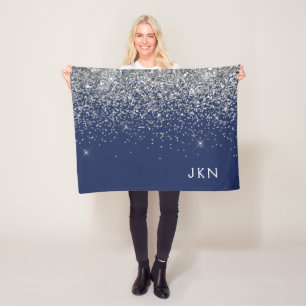 Silver Navy Blue Girly Glitter Sparkle Monogram Fleece Blanket