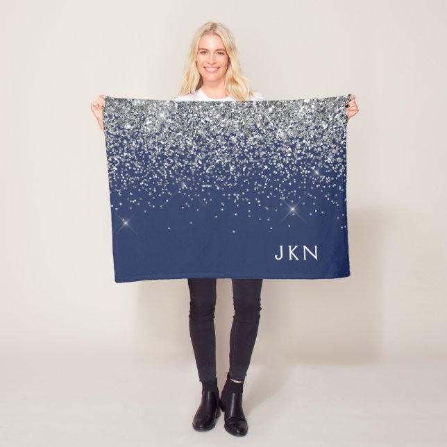 Silver Navy Blue Girly Glitter Sparkle Monogram Fleece Blanket (In Situ)