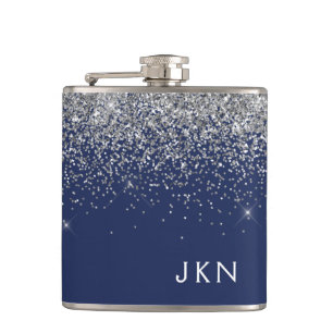 Silver Navy Blue Girly Glitter Sparkle Monogram Hip Flask