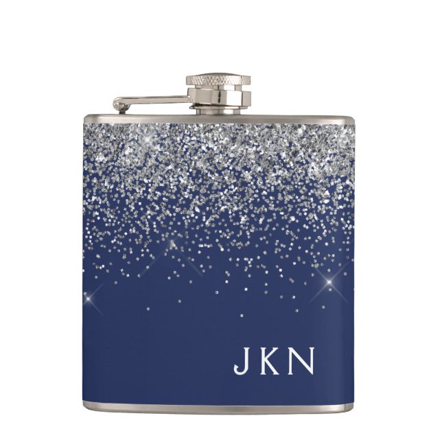 Silver Navy Blue Girly Glitter Sparkle Monogram Hip Flask (Front)