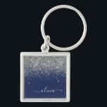 Silver Navy Blue Girly Glitter Sparkle Monogram Key Ring<br><div class="desc">Silver and Navy Blue Sparkle Glitter Script Monogram Name Keychains (Key Chain). This makes the perfect sweet 16 birthday,  wedding,  bridal shower,  anniversary,  baby shower or bachelorette party gift for someone that loves glam luxury and chic styles.</div>