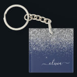 Silver Navy Blue Girly Glitter Sparkle Monogram Key Ring<br><div class="desc">Navy Blue and Silver Faux Foil Sparkle Glitter Script Monogram Name Keychain. This makes the perfect sweet 16 birthday,  wedding,  bridal shower,  anniversary,  baby shower or bachelorette party gift for someone that loves glam luxury and chic styles.</div>