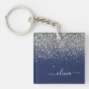 Silver Navy Blue Girly Glitter Sparkle Monogram Key Ring