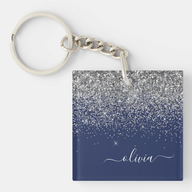 Silver Navy Blue Girly Glitter Sparkle Monogram Key Ring (Front)