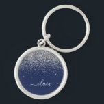 Silver Navy Blue Girly Glitter Sparkle Monogram Key Ring<br><div class="desc">Silver and Navy Blue Sparkle Glitter Script Monogram Name Keychains (Key Chain). This makes the perfect sweet 16 birthday,  wedding,  bridal shower,  anniversary,  baby shower or bachelorette party gift for someone that loves glam luxury and chic styles.</div>