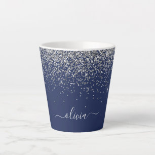 Silver Navy Blue Girly Glitter Sparkle Monogram Latte Mug