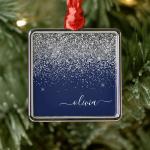 Silver Navy Blue Girly Glitter Sparkle Monogram Metal Ornament