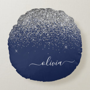 Silver Navy Blue Girly Glitter Sparkle Monogram Round Cushion