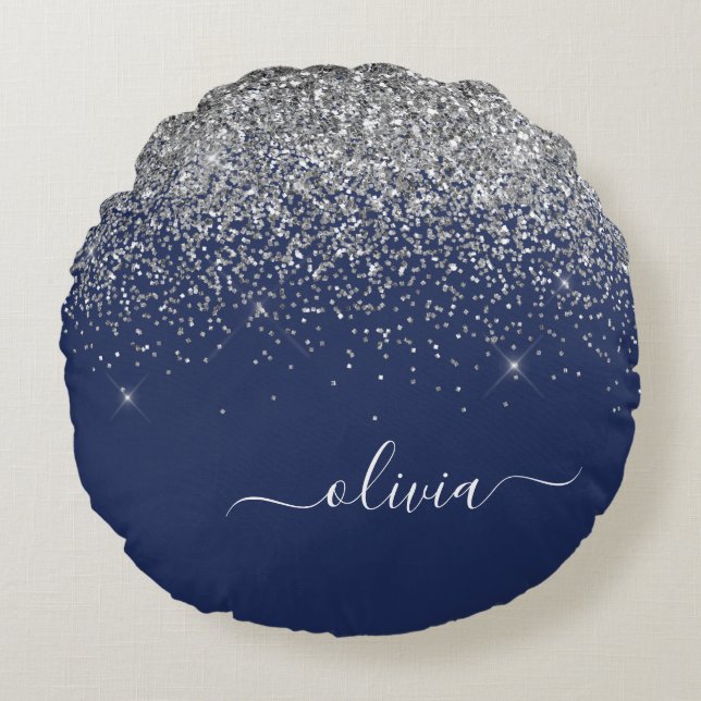 Silver Navy Blue Girly Glitter Sparkle Monogram Round Cushion (Front)