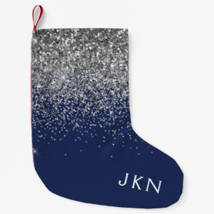 Silver Navy Blue Girly Glitter Sparkle Monogram Small Christmas Stocking