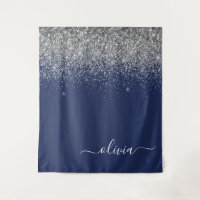 Silver Navy Blue Girly Glitter Sparkle Monogram
