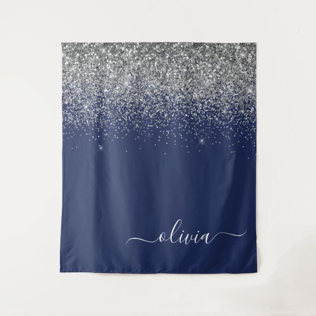 Silver Navy Blue Girly Glitter Sparkle Monogram Tapestry (Front)