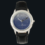 Silver Navy Blue Girly Glitter Sparkle Monogram Watch<br><div class="desc">Navy Blue and Silver Sparkle Glitter Script Monogram Name Watch. This makes the perfect sweet 16 birthday,  wedding,  bridal shower,  anniversary,  baby shower or bachelorette party gift for someone that loves glam luxury and chic styles.</div>