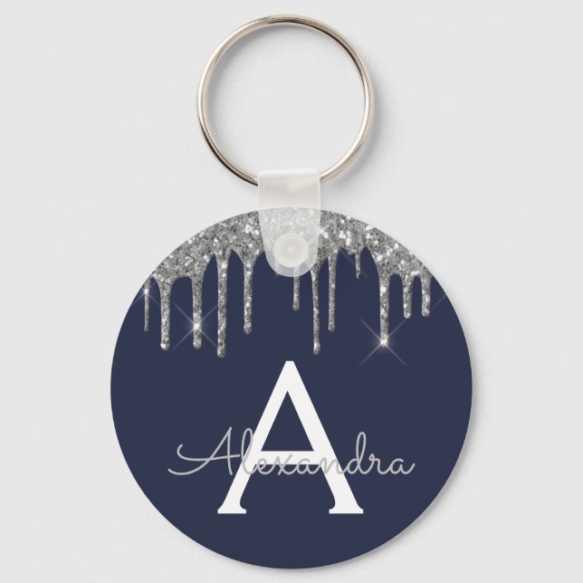 Silver Navy Blue Girly Sparkly Glitter Monogram Key Ring (Front)