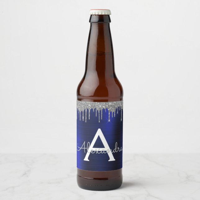Silver Navy Blue Glitter Brushed Metal Monogram Beer Bottle Label (Front)