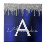 Silver Navy Blue Glitter Brushed Metal Monogram Ceramic Tile<br><div class="desc">Silver and Navy Blue Faux Foil Metallic Sparkle Glitter Brushed Metal Monogram Name and Initial Ceramic Tiles. This makes the perfect sweet 16 birthday,  wedding,  bridal shower,  anniversary,  baby shower or bachelorette party gift for someone that loves glam luxury and chic styles.</div>