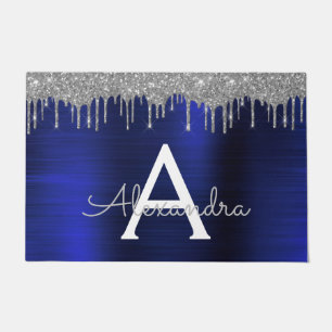 Silver Navy Blue Glitter Brushed Metal Monogram Doormat