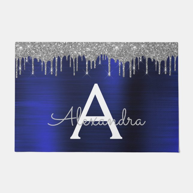 Silver Navy Blue Glitter Brushed Metal Monogram Doormat (Front)