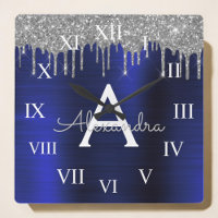 Silver Navy Blue Glitter Brushed Metal Monogram