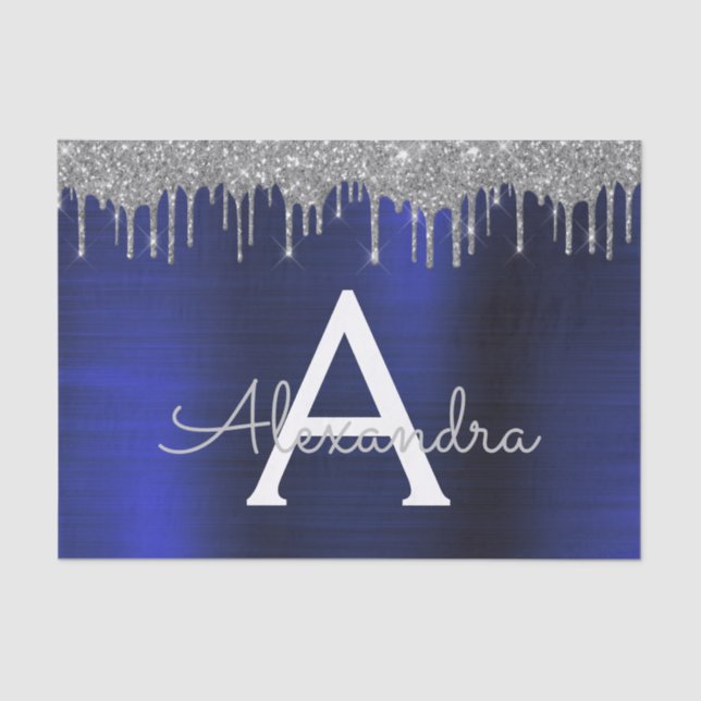 Silver Navy Blue Glitter Brushed Metal Monogram Tissue Paper (Front)