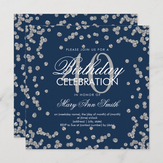 Silver Navy Blue Glitter Confetti 40th Birthday Invitation (Front/Back)
