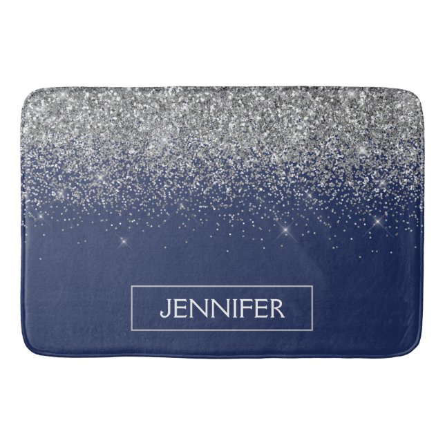 Silver Navy Blue Glitter Girly Monogram Name Bath Mat (Front)