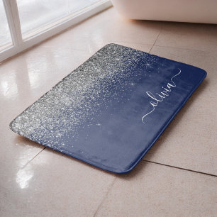 Silver Navy Blue Glitter Girly Monogram Name Bath Mat