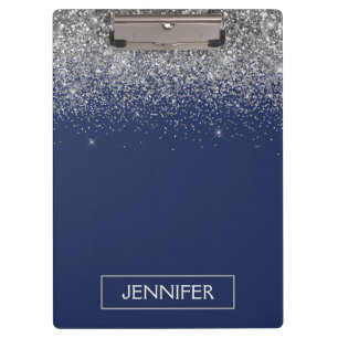 Silver Navy Blue Glitter Girly Monogram Name Clipboard
