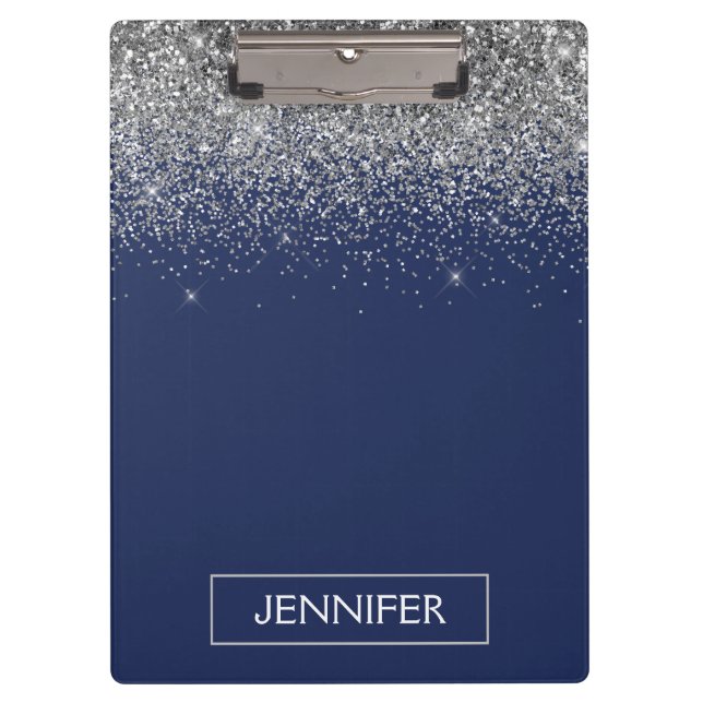 Silver Navy Blue Glitter Girly Monogram Name Clipboard (Front)