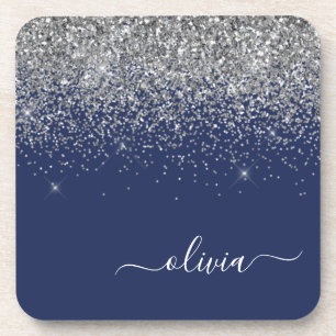 Silver Navy Blue Glitter Girly Monogram Name Coaster