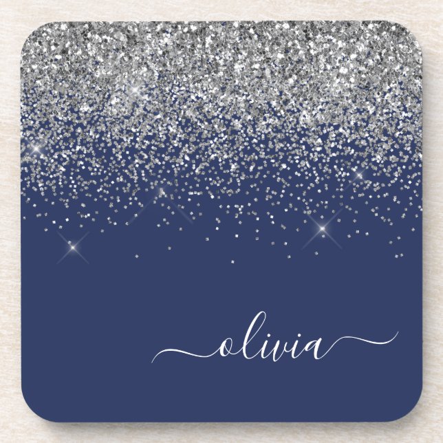 Silver Navy Blue Glitter Girly Monogram Name Coaster (Front)
