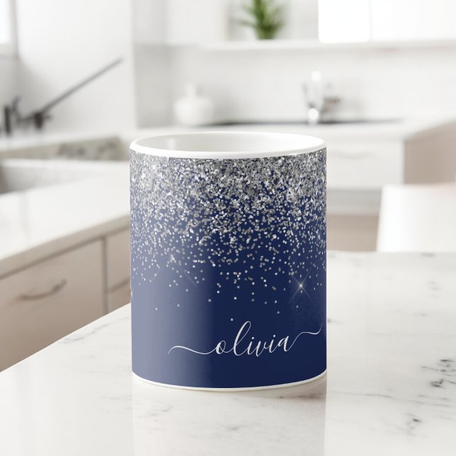 Silver Navy Blue Glitter Girly Monogram Name Coffee Mug (Creator Uploaded)